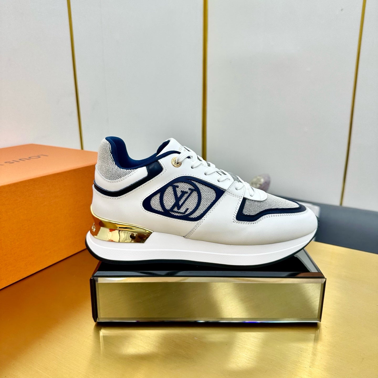NEO RUN AWAY SNEAKER IN WHITE MIX NAVY BLUE CALFSKIN - 35
