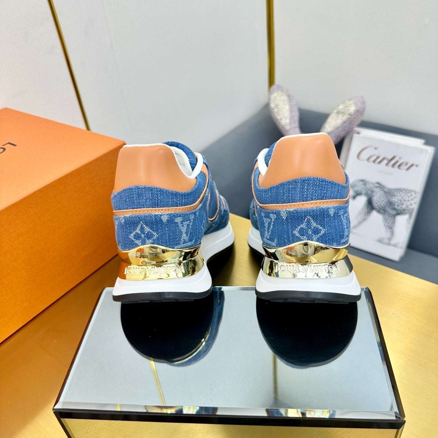 NEO RUN AWAY SNEAKER IN CLASSIC BLUE MONOGRAM DENIM AND ORANGE CALFSKIN - 35