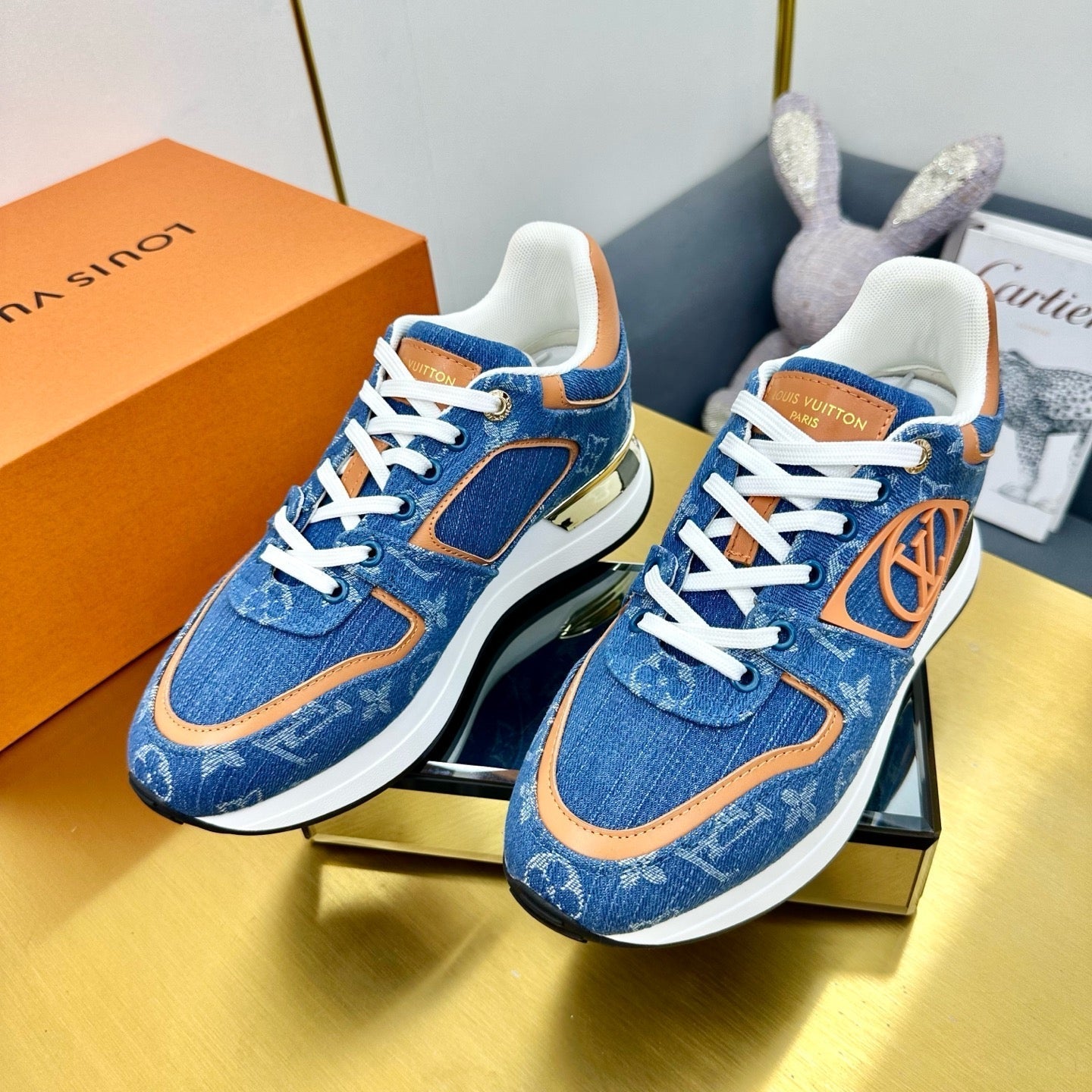 NEO RUN AWAY SNEAKER IN CLASSIC BLUE MONOGRAM DENIM AND ORANGE CALFSKIN - 35