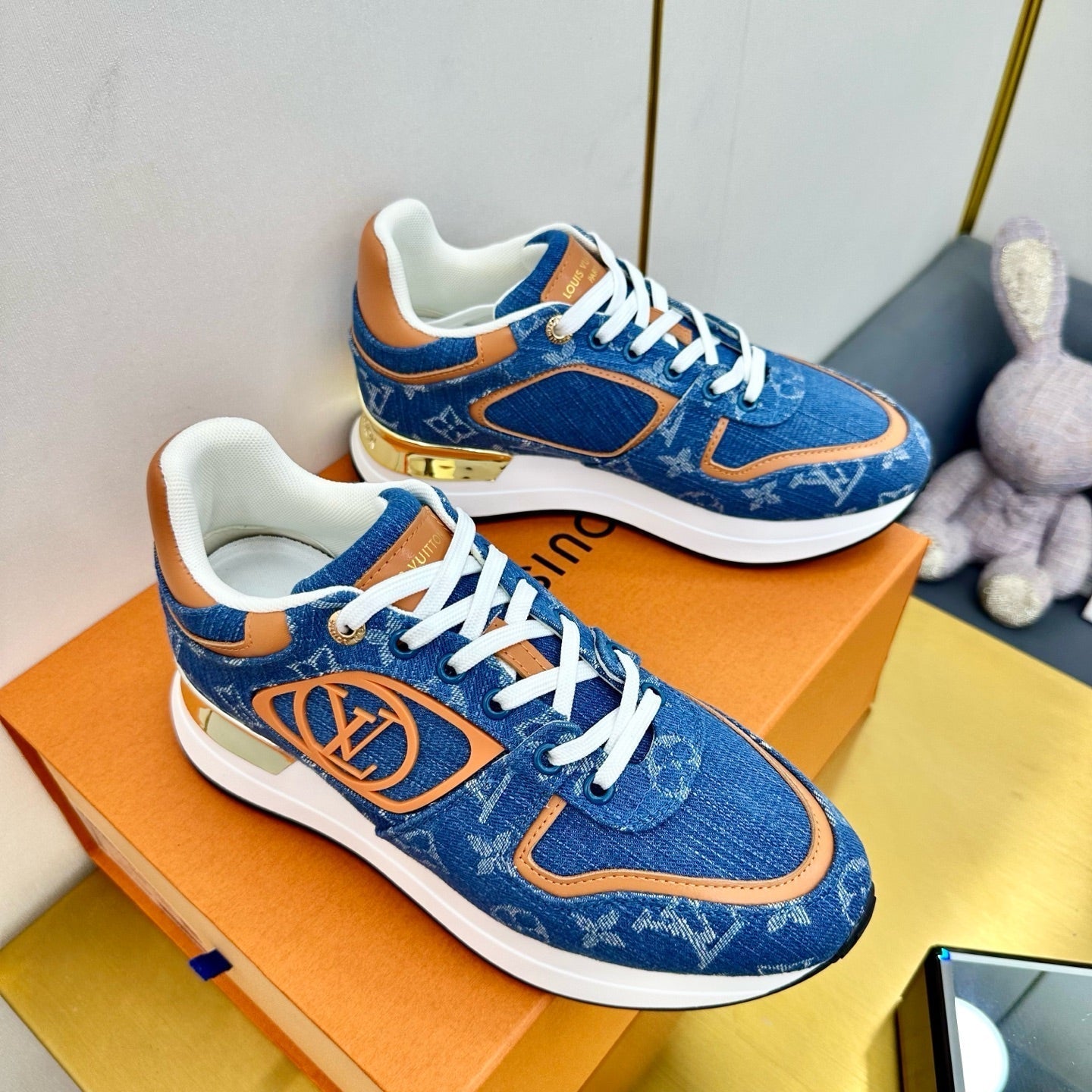 NEO RUN AWAY SNEAKER IN CLASSIC BLUE MONOGRAM DENIM AND ORANGE CALFSKIN - 35