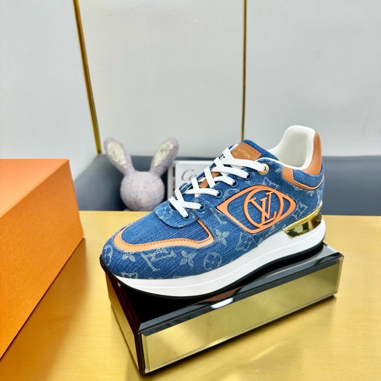 NEO RUN AWAY SNEAKER IN CLASSIC BLUE MONOGRAM DENIM AND ORANGE CALFSKIN - 35
