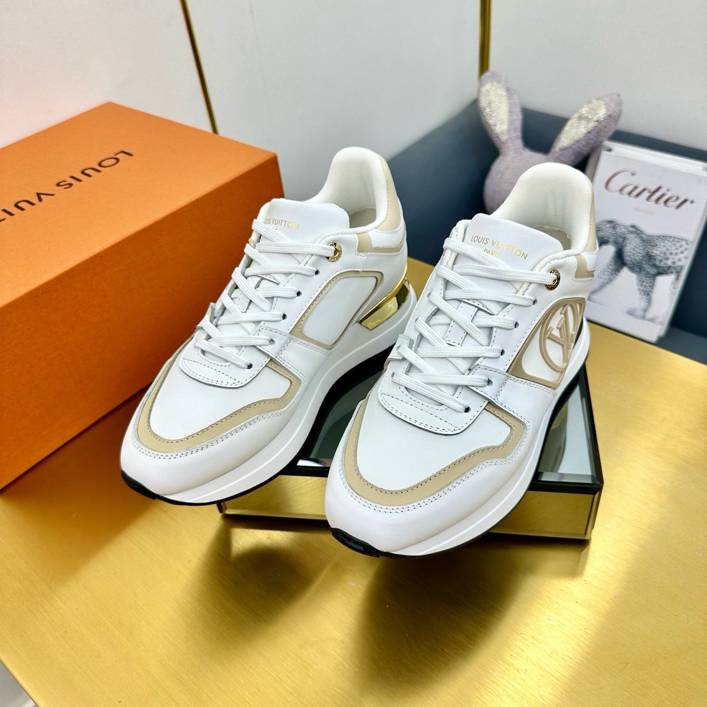 NEO RUN AWAY SNEAKER IN WHITE MIX GOLD CALFSKIN - 35