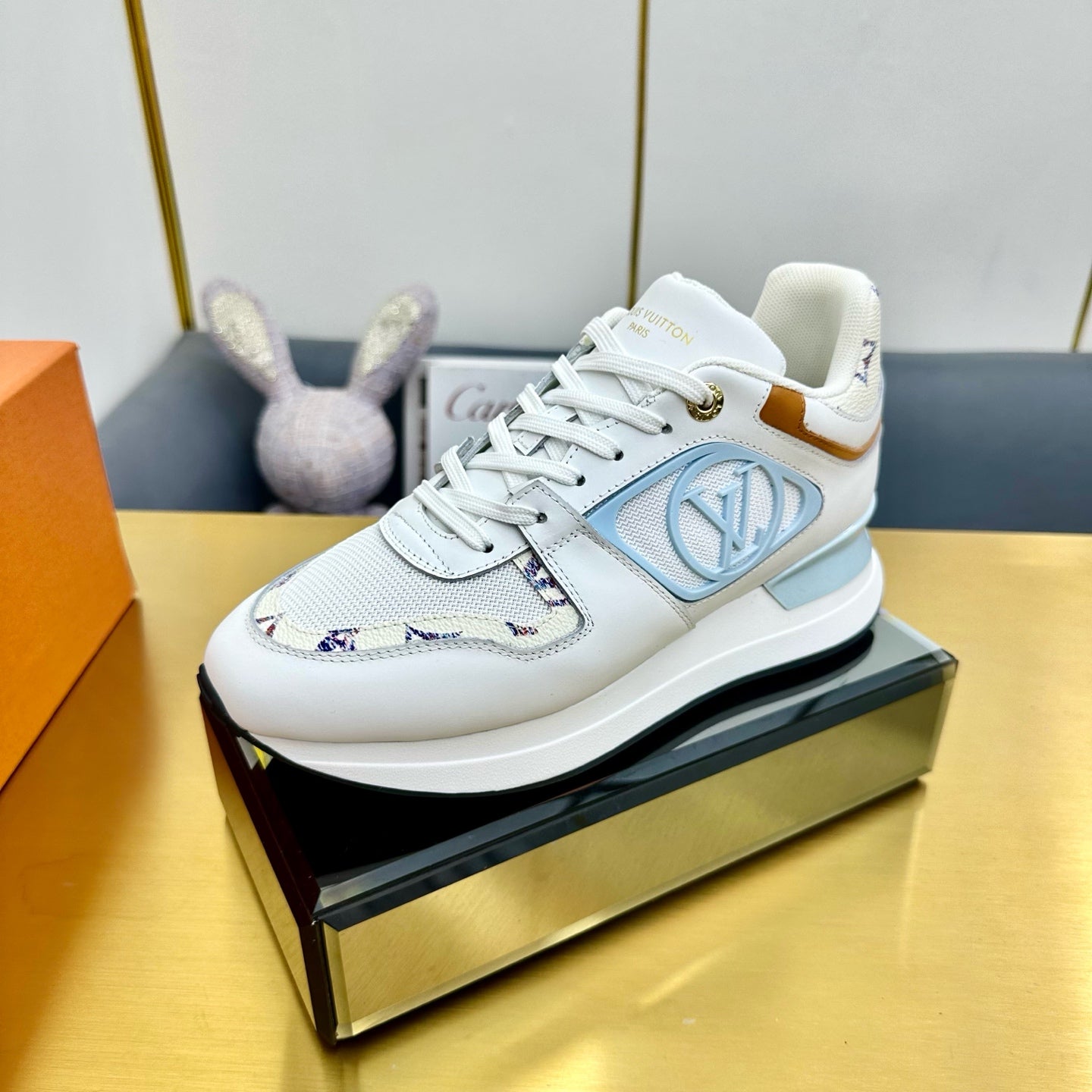 NEO RUN AWAY SNEAKER IN WHITE MIX SKY BLUE CALFSKIN - 35