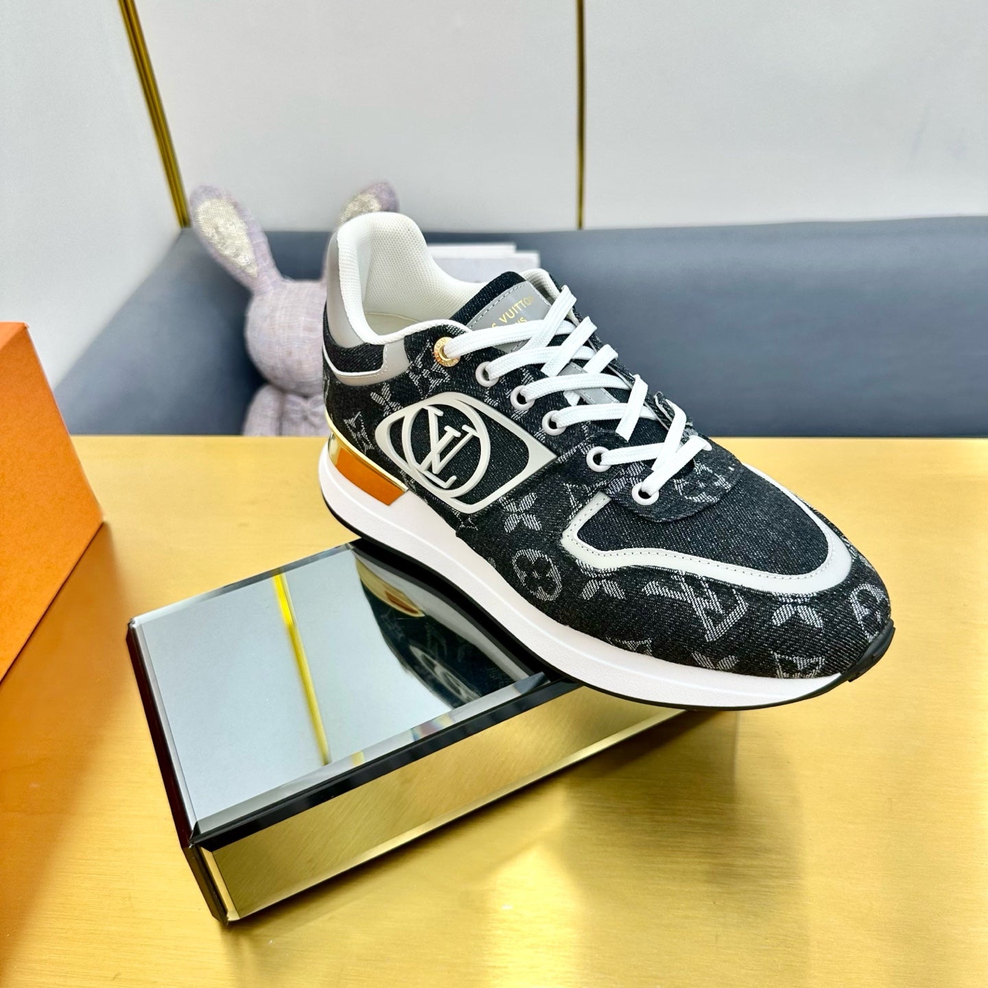 NEO RUN AWAY SNEAKER IN BLACK MONOGRAM DENIM FABRIC - 35