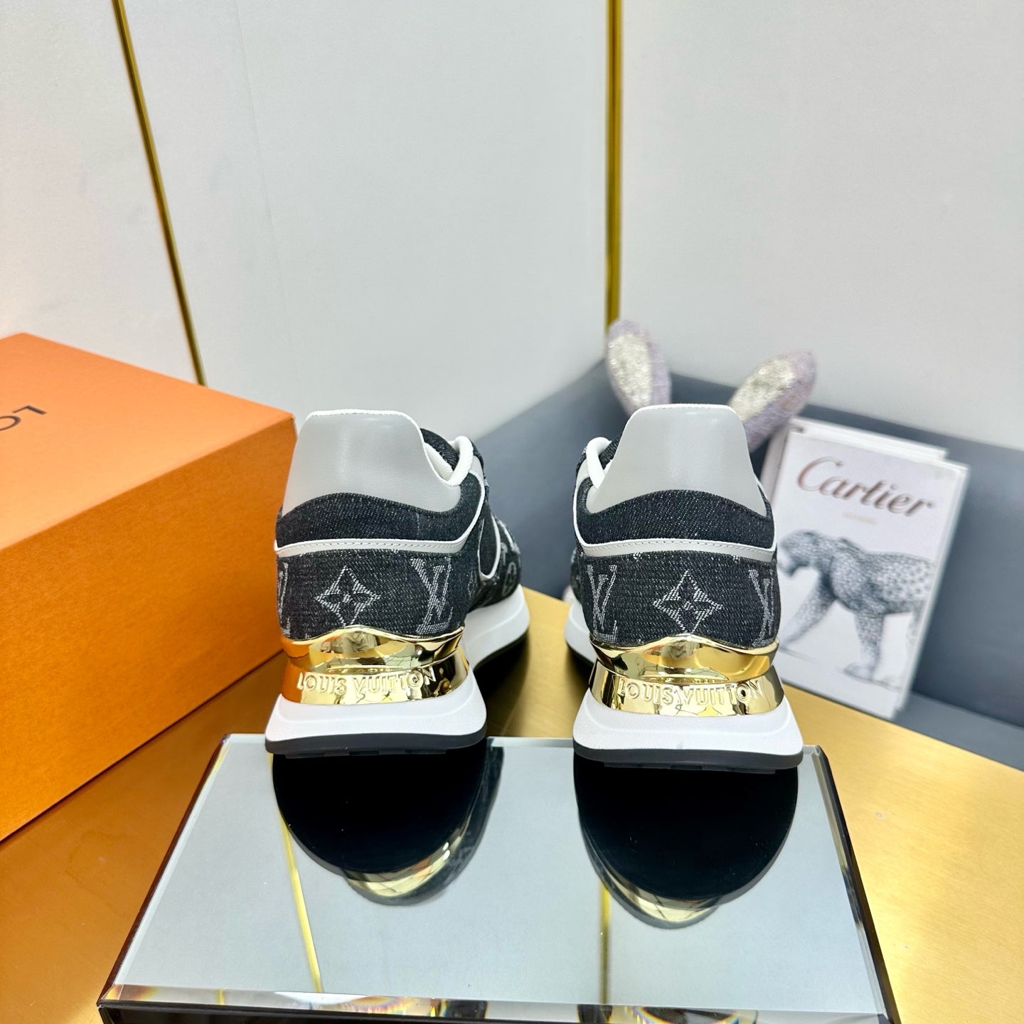 NEO RUN AWAY SNEAKER IN BLACK MONOGRAM DENIM FABRIC - 35