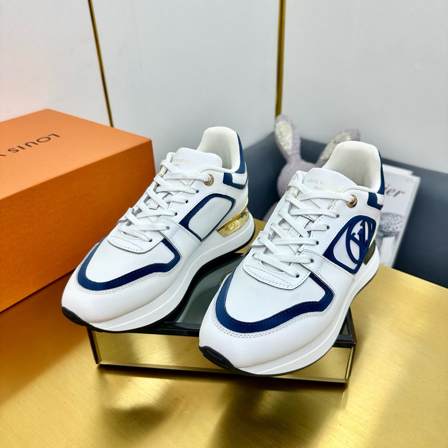 NEO RUN AWAY SNEAKER IN WHITE MIX COBALT BLUE CALFSKIN - 35