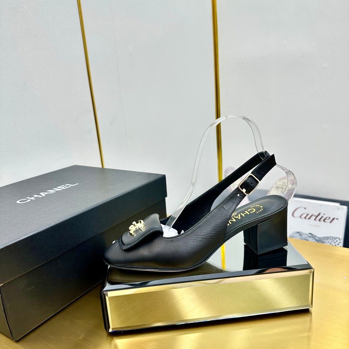 CC SLINGBACK 25S IN BLACK CALFSKIN WITH GOLD HARDWARE - 35