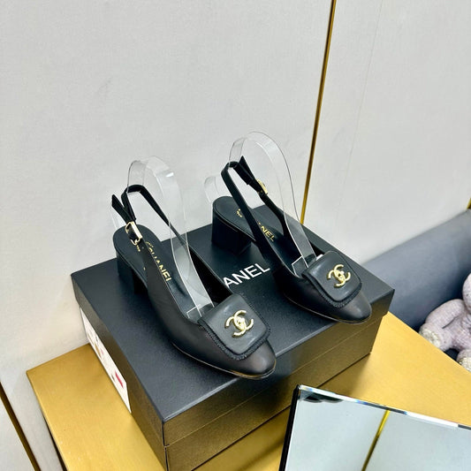 CC SLINGBACK 25S IN BLACK CALFSKIN WITH GOLD HARDWARE - 35