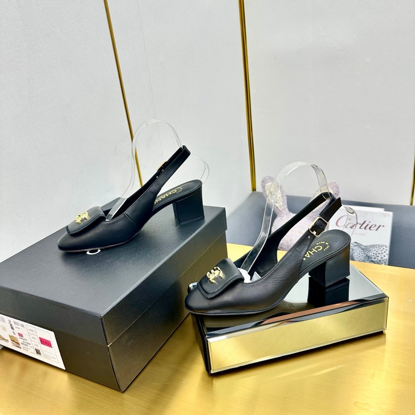 CC SLINGBACK 25S IN BLACK CALFSKIN WITH GOLD HARDWARE - 35
