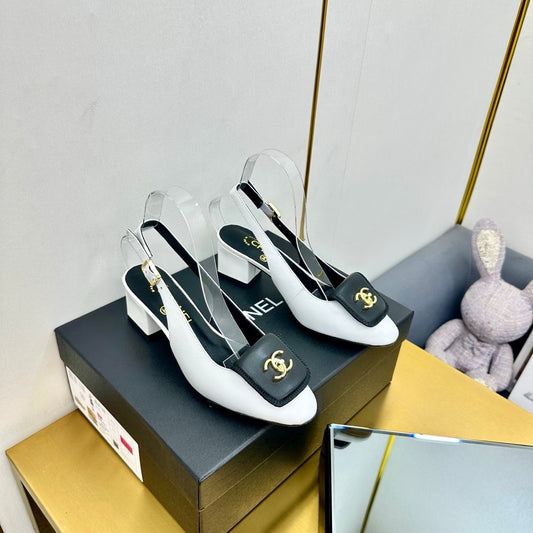 CC SLINGBACK 25S IN WHITE MIX BLACK CALFSKIN WITH GOLD HARDWARE - 35