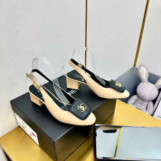 CC SLINGBACK 25S IN BEIGE MIX BLACK CALFSKIN WITH GOLD HARDWARE - 35