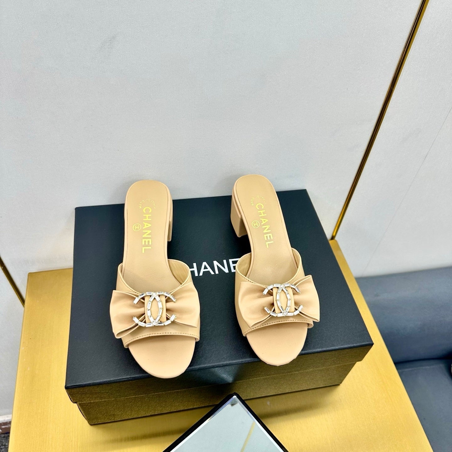 BOWKNOT RHINESTONES MID HEEL MULE IN FLAX YELLOW CALFSKIN - 35