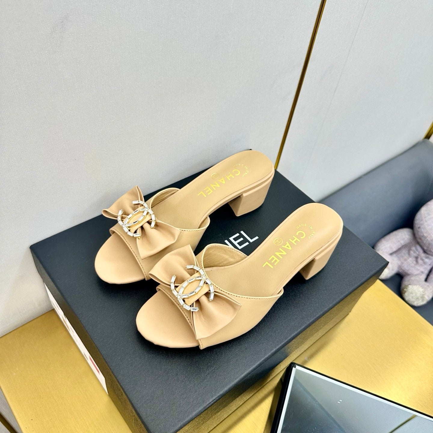 BOWKNOT RHINESTONES MID HEEL MULE IN FLAX YELLOW CALFSKIN - 35