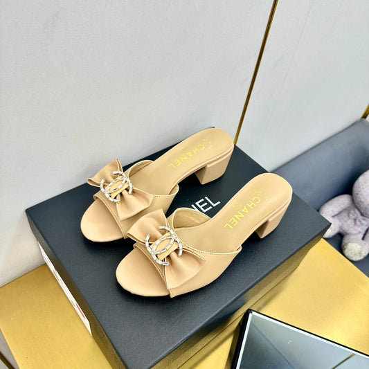 BOWKNOT RHINESTONES MID HEEL MULE IN FLAX YELLOW CALFSKIN - 35