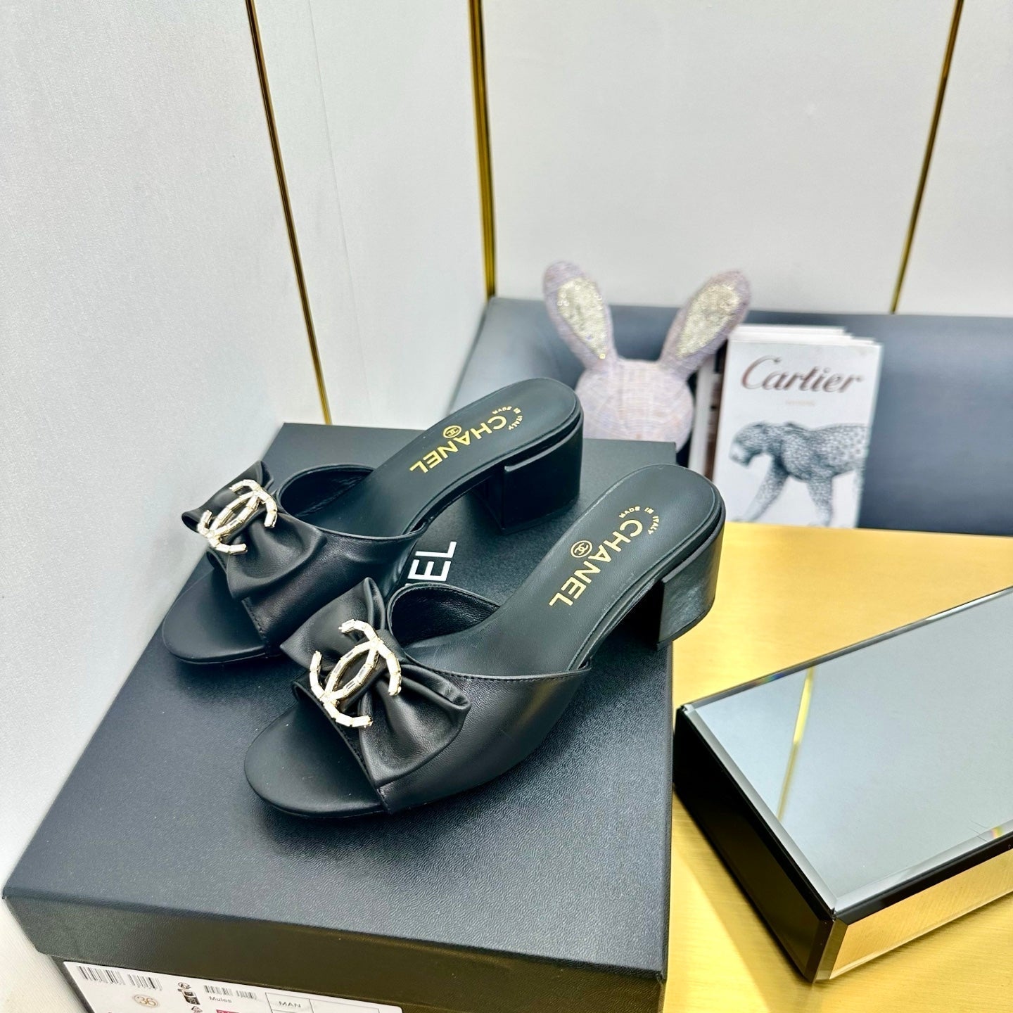 BOWKNOT RHINESTONES MID HEEL MULE IN BLACK CALFSKIN - 35