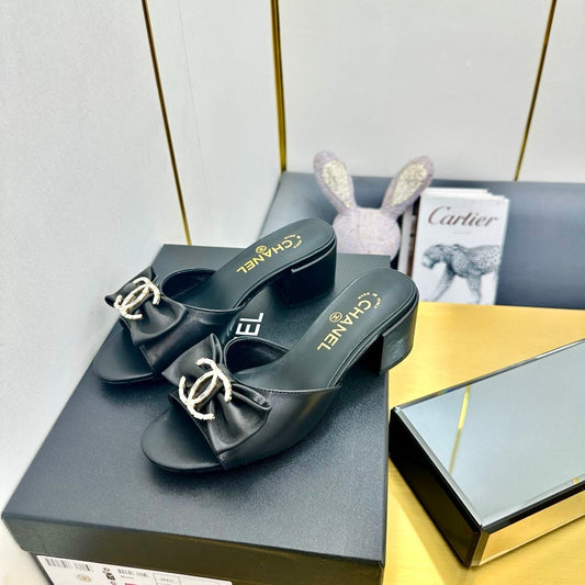 BOWKNOT RHINESTONES MID HEEL MULE IN BLACK CALFSKIN - 35