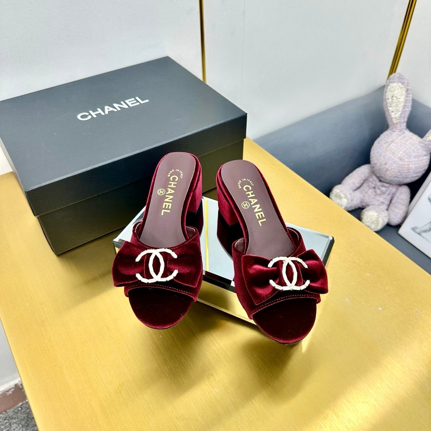 BOWKNOT RHINESTONES MID HEEL MULE IN GARNET RED VELVET - 35