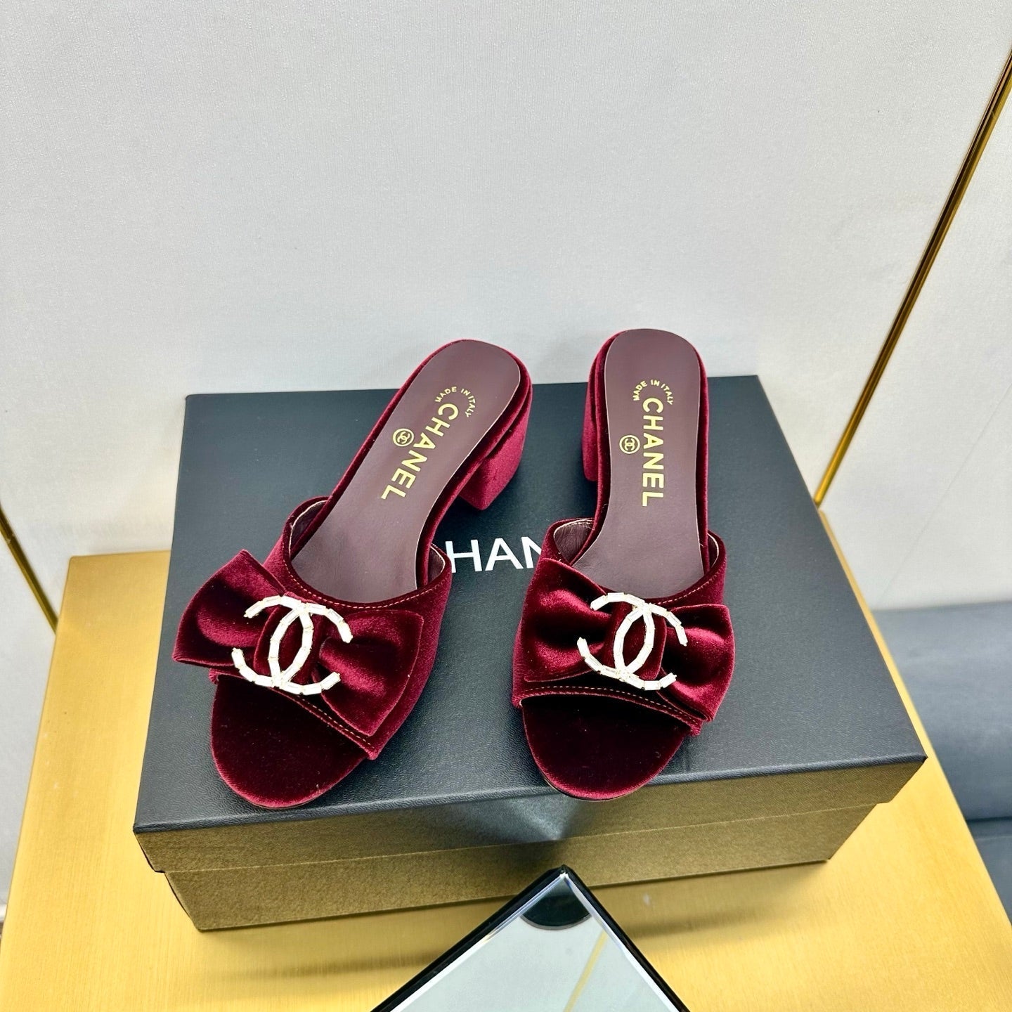 BOWKNOT RHINESTONES MID HEEL MULE IN GARNET RED VELVET - 35