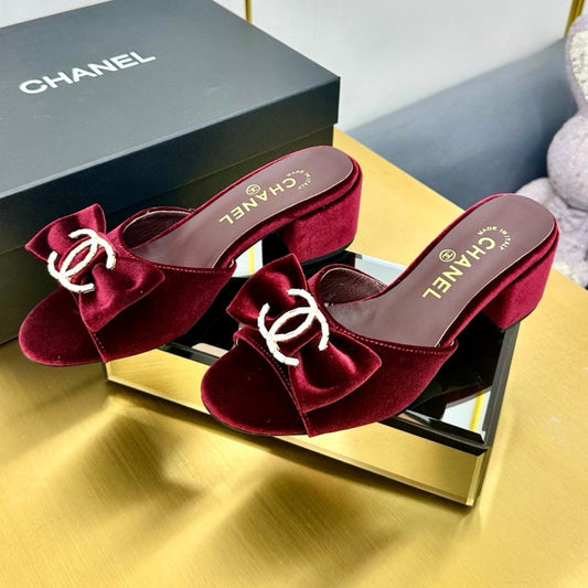 BOWKNOT RHINESTONES MID HEEL MULE IN GARNET RED VELVET - 35