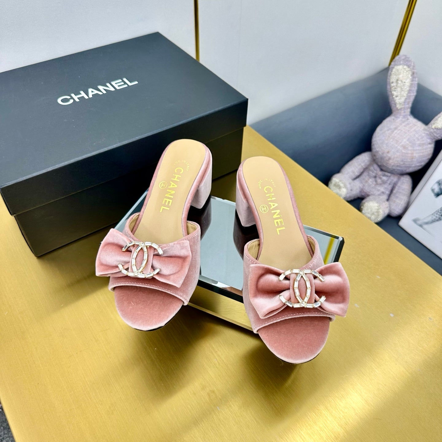 BOWKNOT RHINESTONES MID HEEL MULE IN LIGHT PINK VELVET - 35