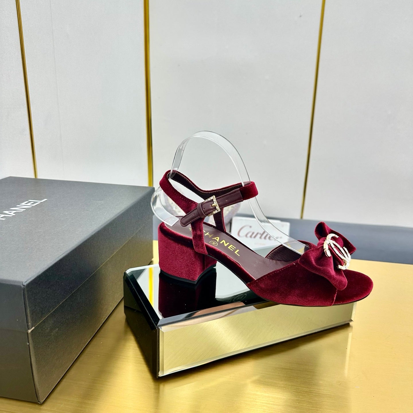 BOWKNOT RHINESTONES MID HEEL SANDAL IN GARNET RED VELVET - 35