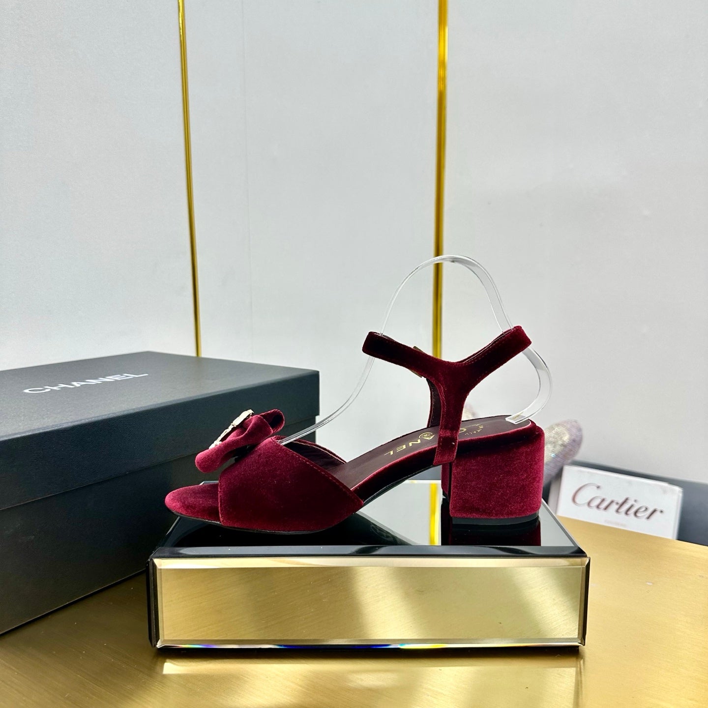 BOWKNOT RHINESTONES MID HEEL SANDAL IN GARNET RED VELVET - 35