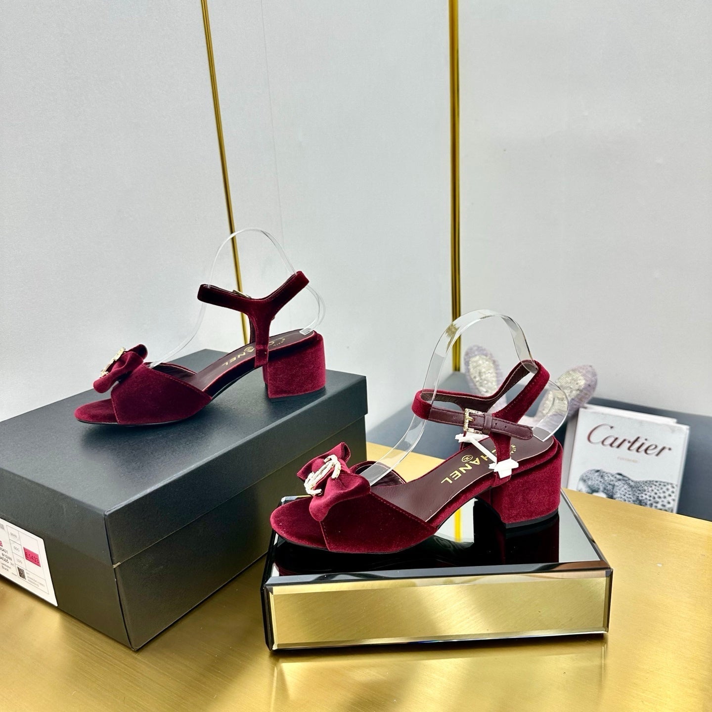 BOWKNOT RHINESTONES MID HEEL SANDAL IN GARNET RED VELVET - 35
