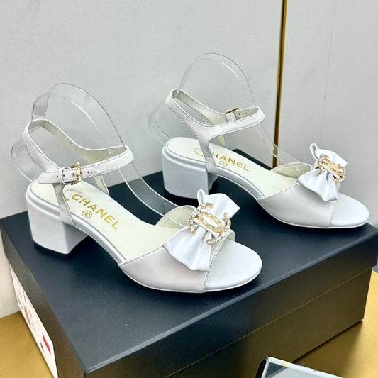 BOWKNOT RHINESTONES MID HEEL SANDAL IN WHITE LAMBSKIN - 35