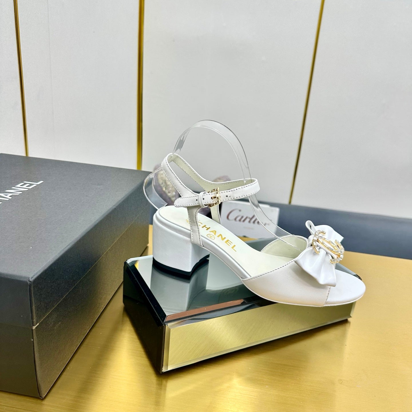 BOWKNOT RHINESTONES MID HEEL SANDAL IN WHITE LAMBSKIN - 35