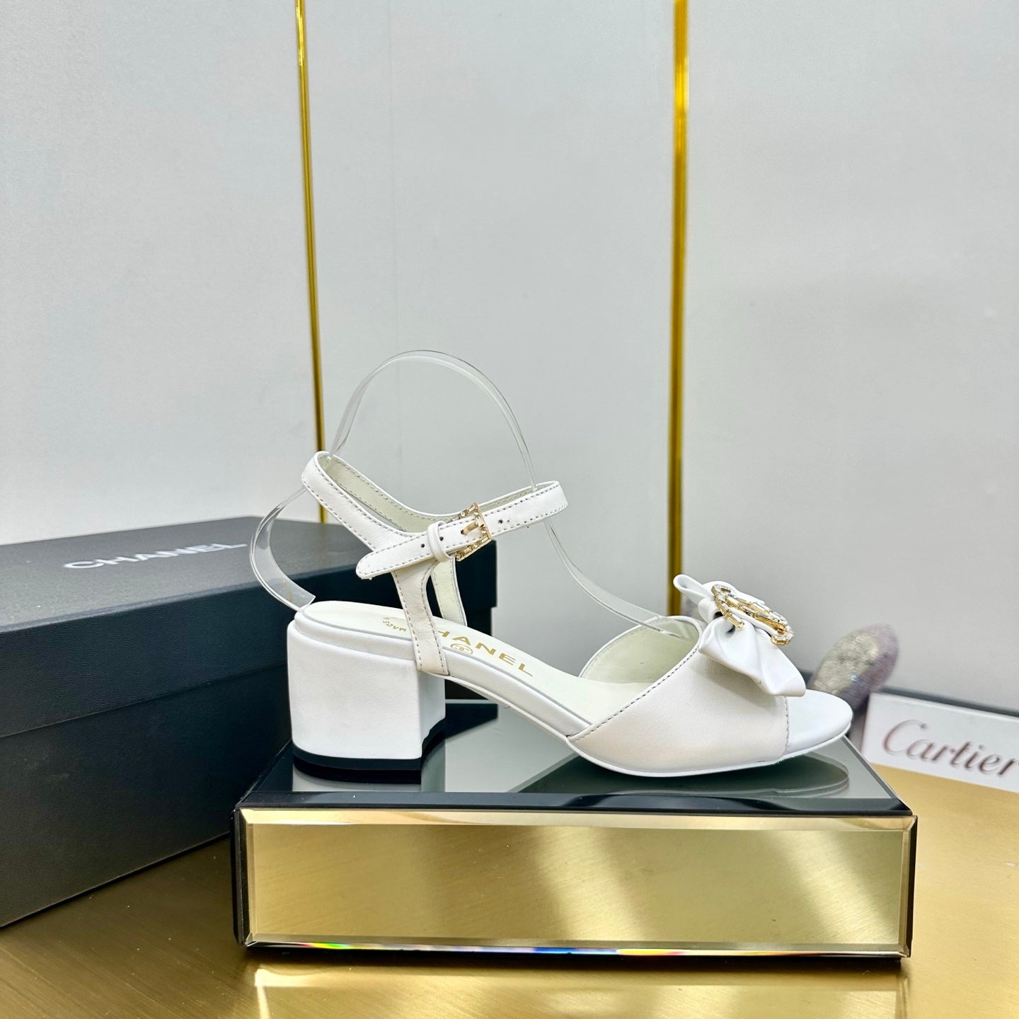 BOWKNOT RHINESTONES MID HEEL SANDAL IN WHITE LAMBSKIN - 35