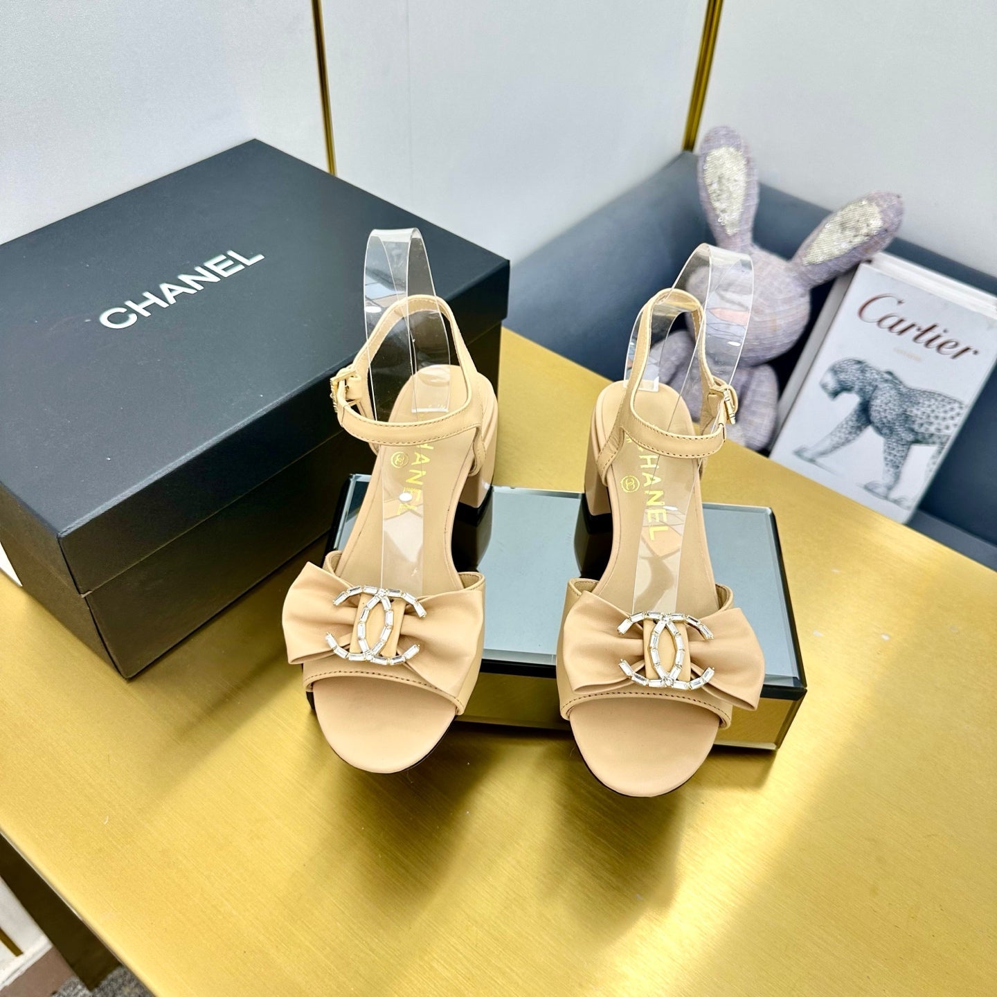 BOWKNOT RHINESTONES MID HEEL SANDAL IN FLAX YELLOW LAMBSKIN - 35