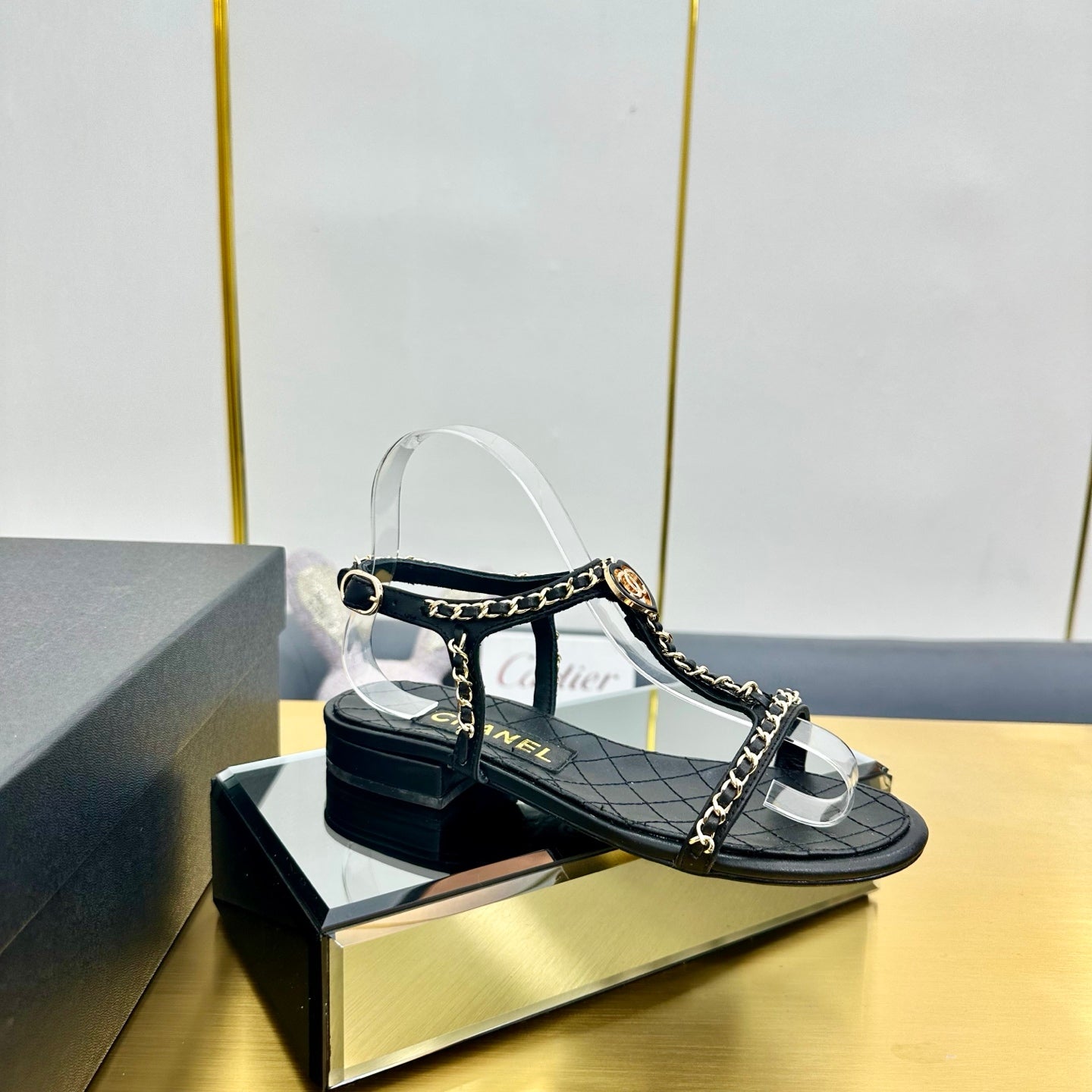 CC SANDAL 25S IN BLACK CALFSKIN WITH GOLD HARDWARE - 35