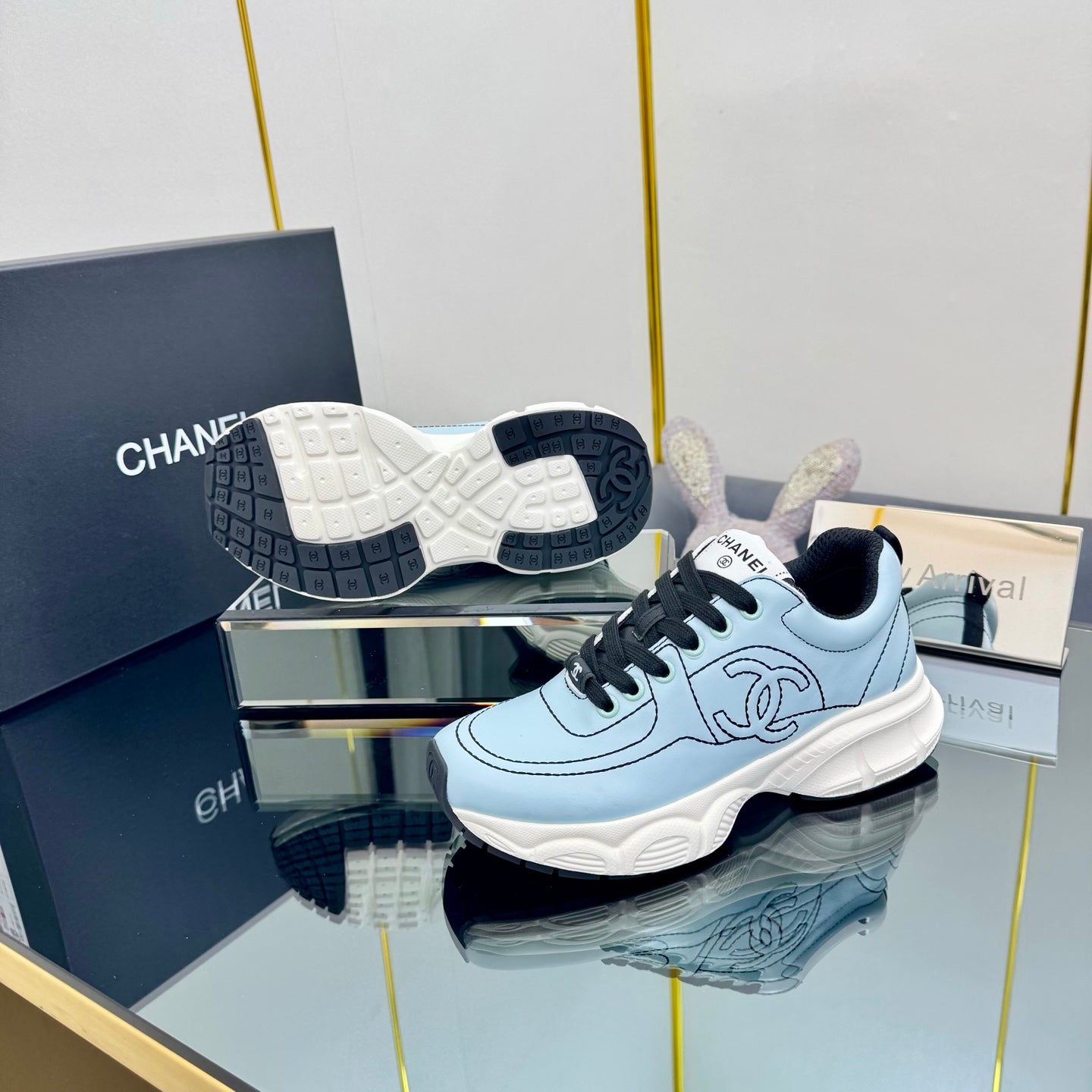 TRAINERS SNEAKER IN LIGHT BLUE CALFSKIN WITH BLACK EMBROIDERED - 35