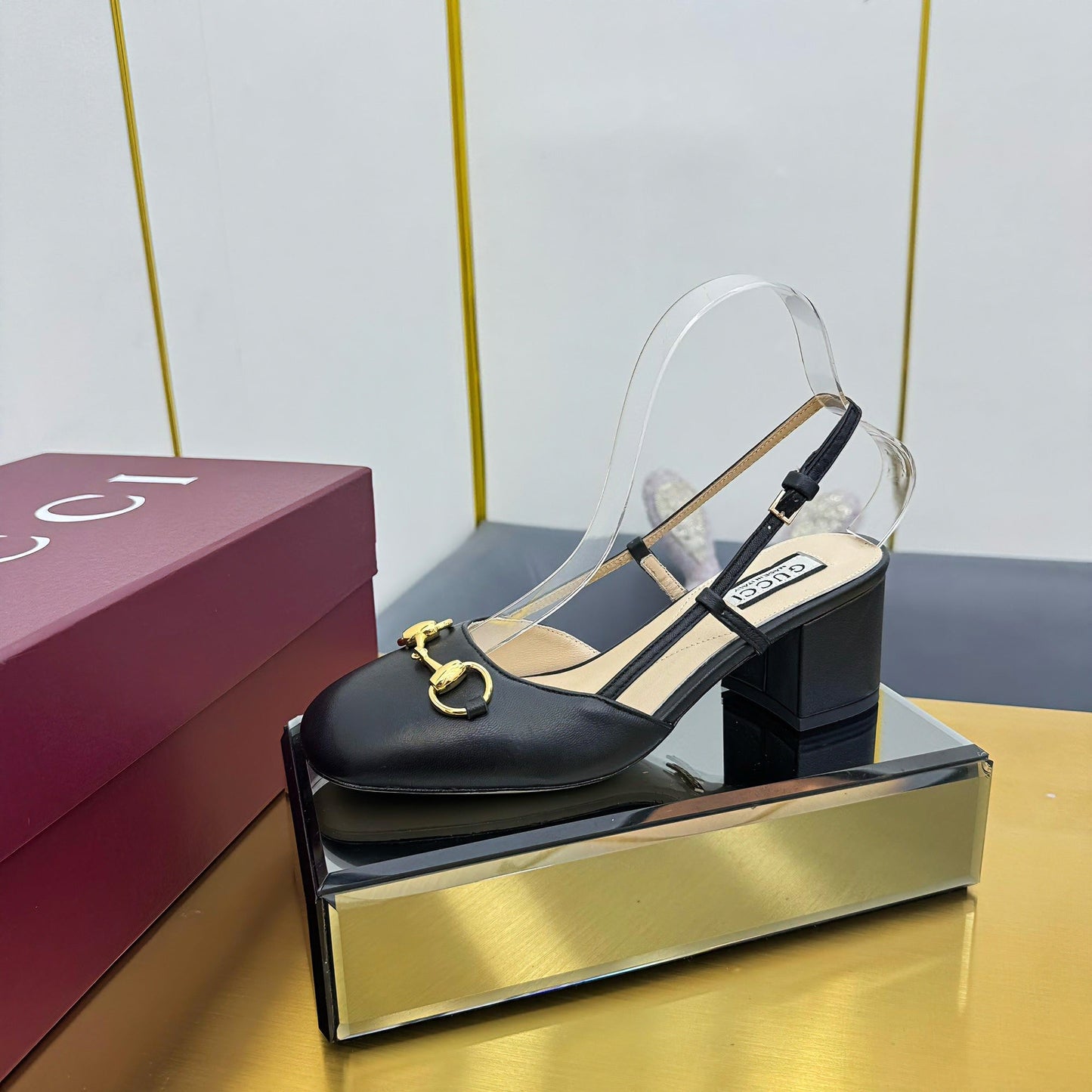 GG HIGH SLINGBACK 65 IN BLACK LAMBSKIN WITH GOLD HARDWARE - 35