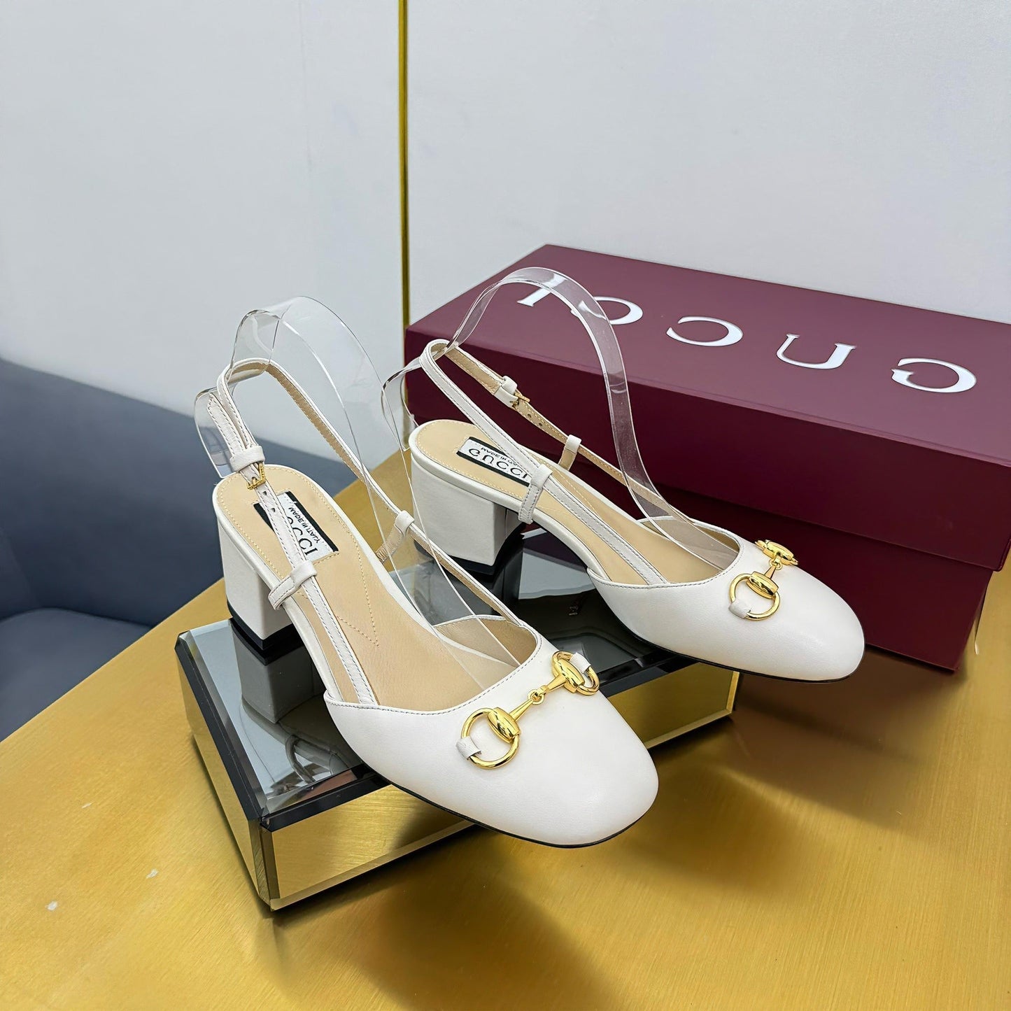 GG HIGH SLINGBACK 65 IN WHITE LAMBSKIN WITH GOLD HARDWARE - 35
