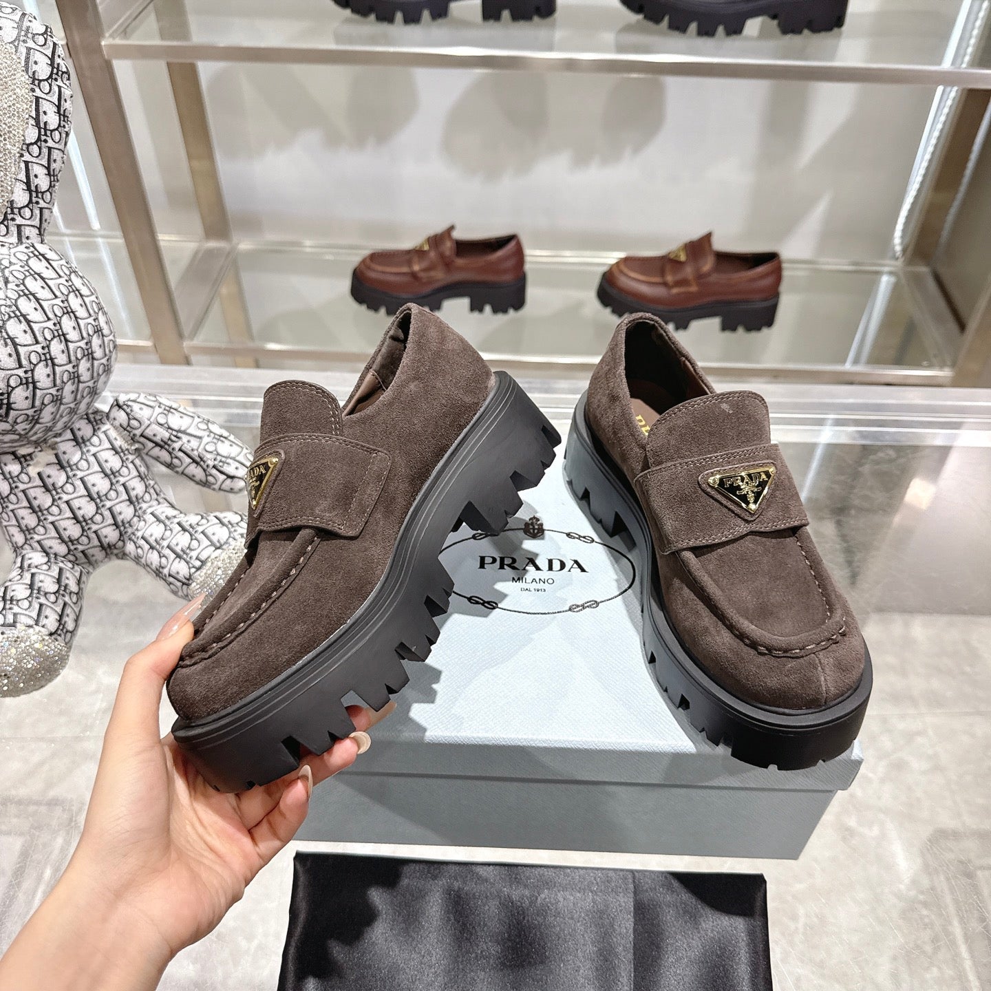 PRADA 25S THICK-SOLE LOAFERS 60 MM IN DARK BROWN SUEDE - 35