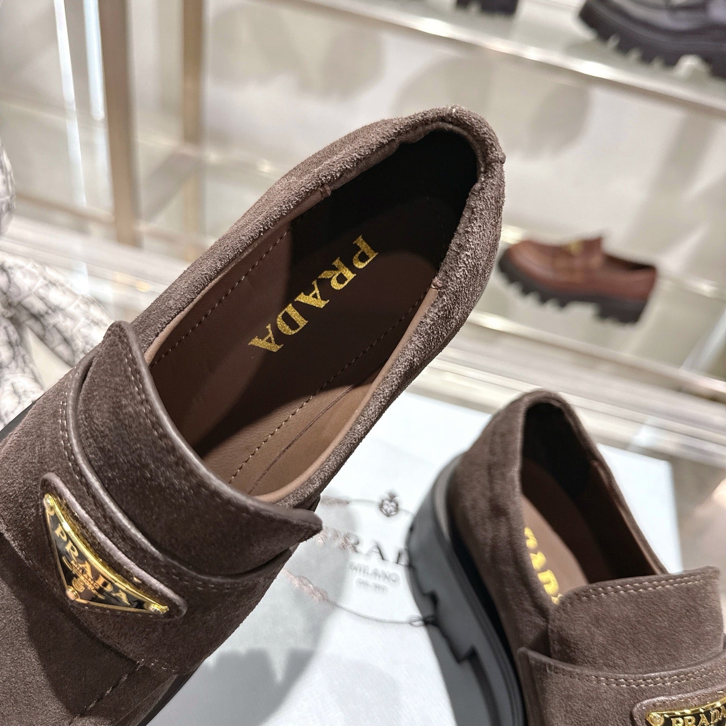 PRADA 25S THICK-SOLE LOAFERS 60 MM IN DARK BROWN SUEDE - 35