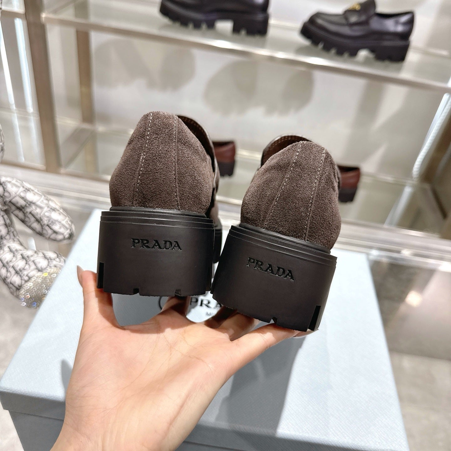 PRADA 25S THICK-SOLE LOAFERS 60 MM IN DARK BROWN SUEDE - 35
