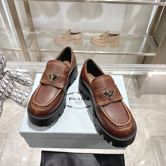 PRADA 25S THICK-SOLE LOAFERS 60 MM IN BROWN SMOOTH CALFSKIN - 35