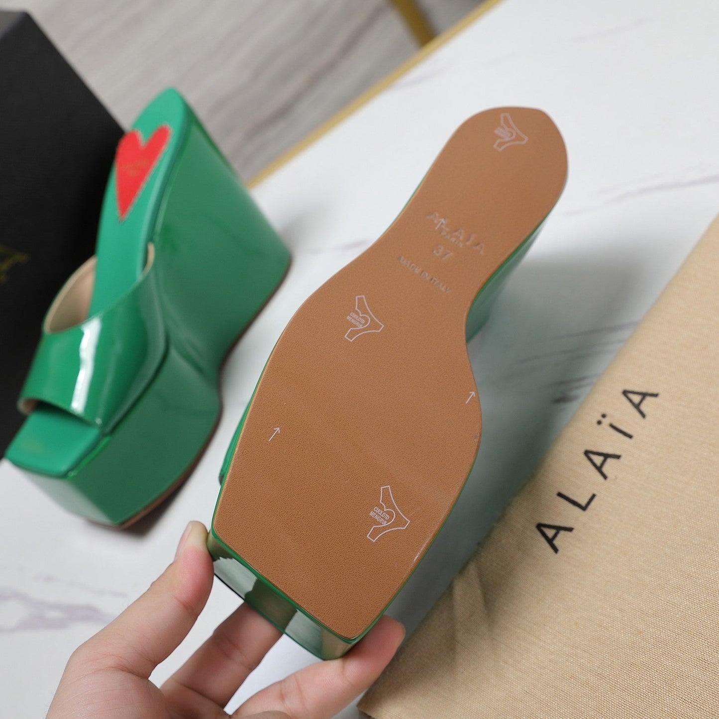 ALAIA PLATFORM WEDGE IN COOL GREEN LAMBSKIN WITH RED HEART - 35