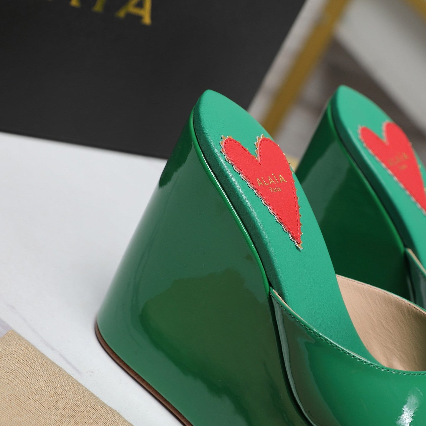 ALAIA PLATFORM WEDGE IN COOL GREEN LAMBSKIN WITH RED HEART - 35