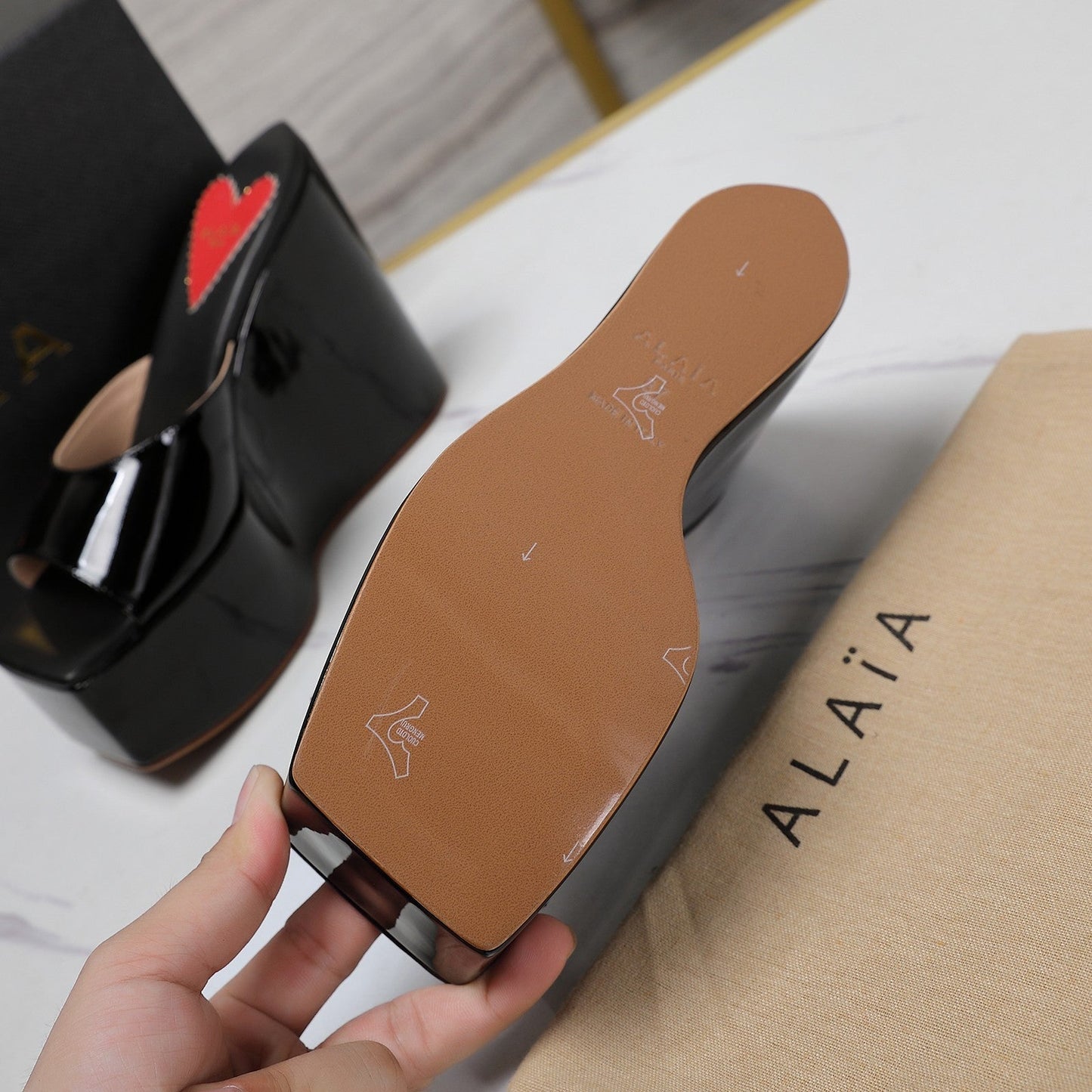 ALAIA PLATFORM WEDGE IN BLACK LAMBSKIN WITH RED HEART - 35