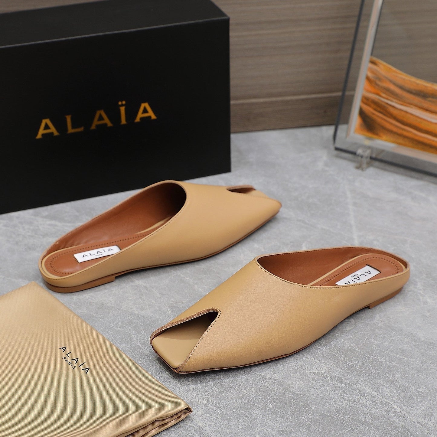ALAIA FLAT MULE IN SEPIA TAN LAMBSKIN - 34