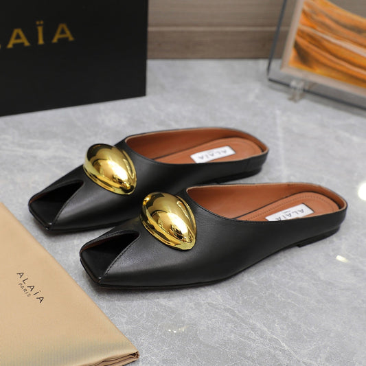 ALAIA FLAT MULE IN BLACK LAMBSKIN WITH GOLD HARDWARE - 34