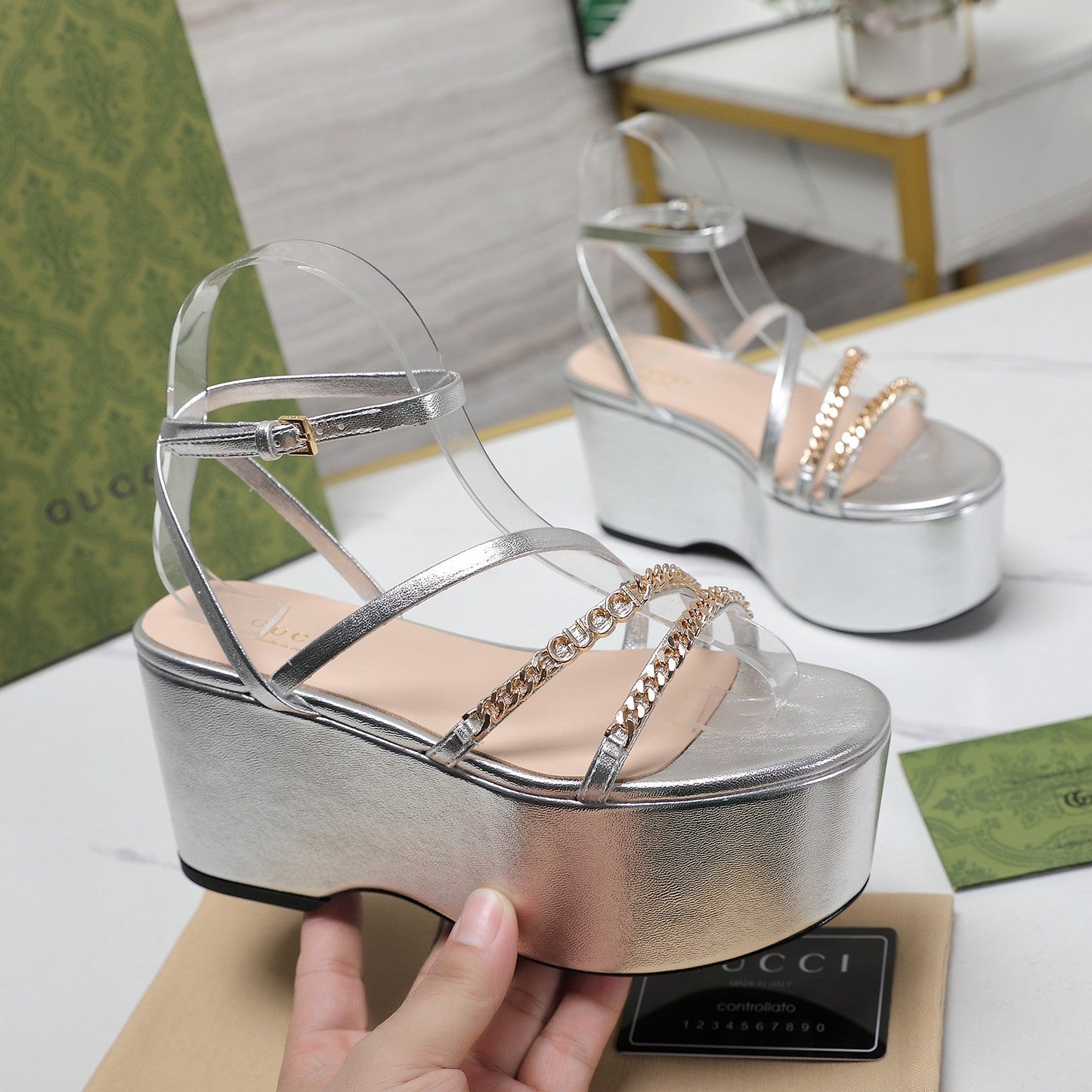 WEDGE PLATFORM IN SILVER SHEEPSKIN - 35