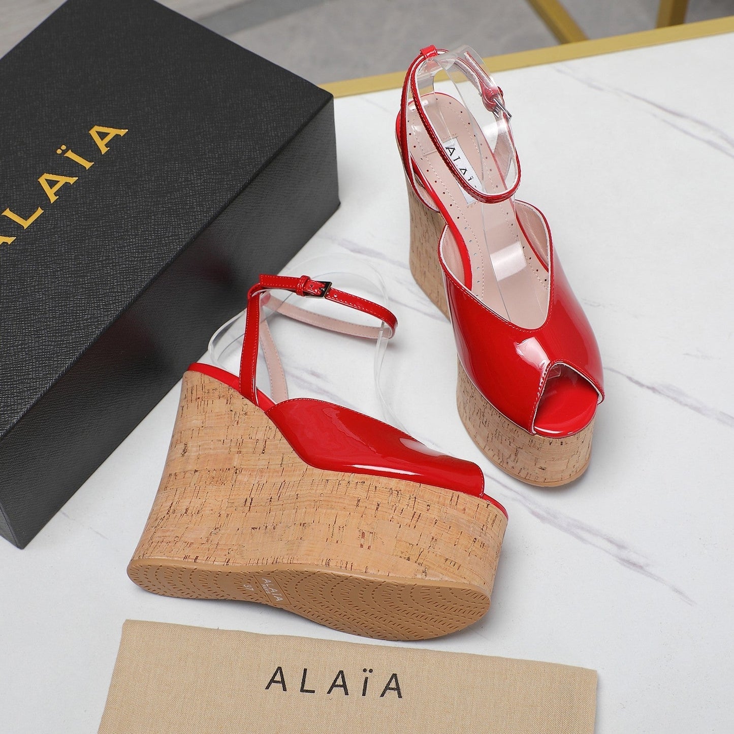 ALAIA WEDGE SANDAL IN CRIMSON RED GLOSSY CALFSKIN AND BEIGE RUBBER - 35