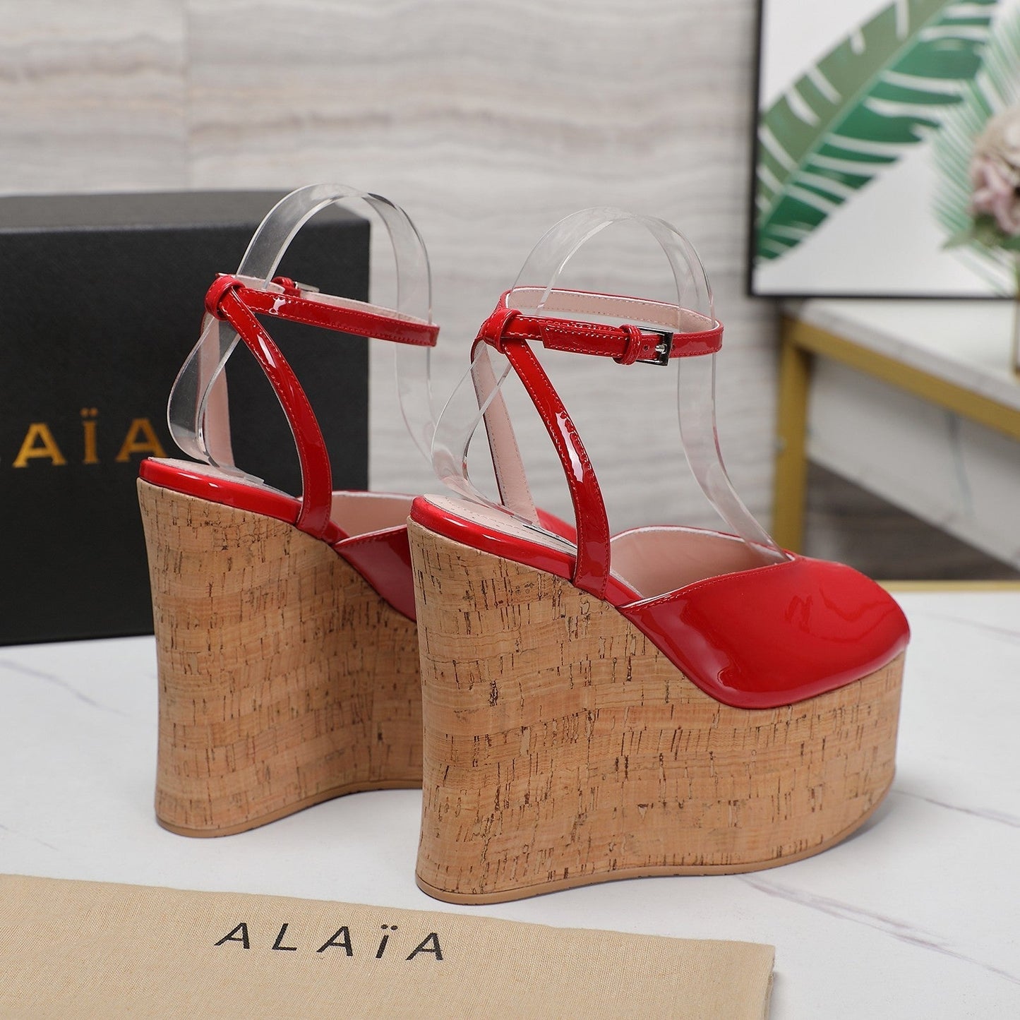 ALAIA WEDGE SANDAL IN CRIMSON RED GLOSSY CALFSKIN AND BEIGE RUBBER - 35