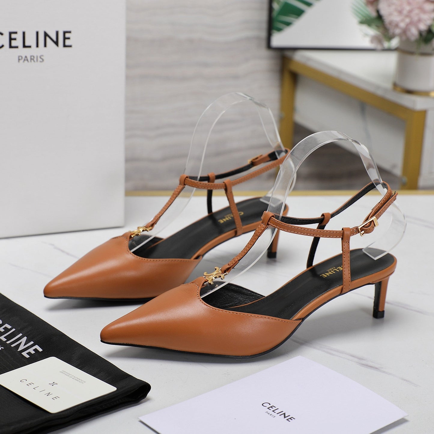 HIGH 5 CM SLINGBACK IN CINNAMON BROWN CALFSKIN WITH GOLD LOGO - 35