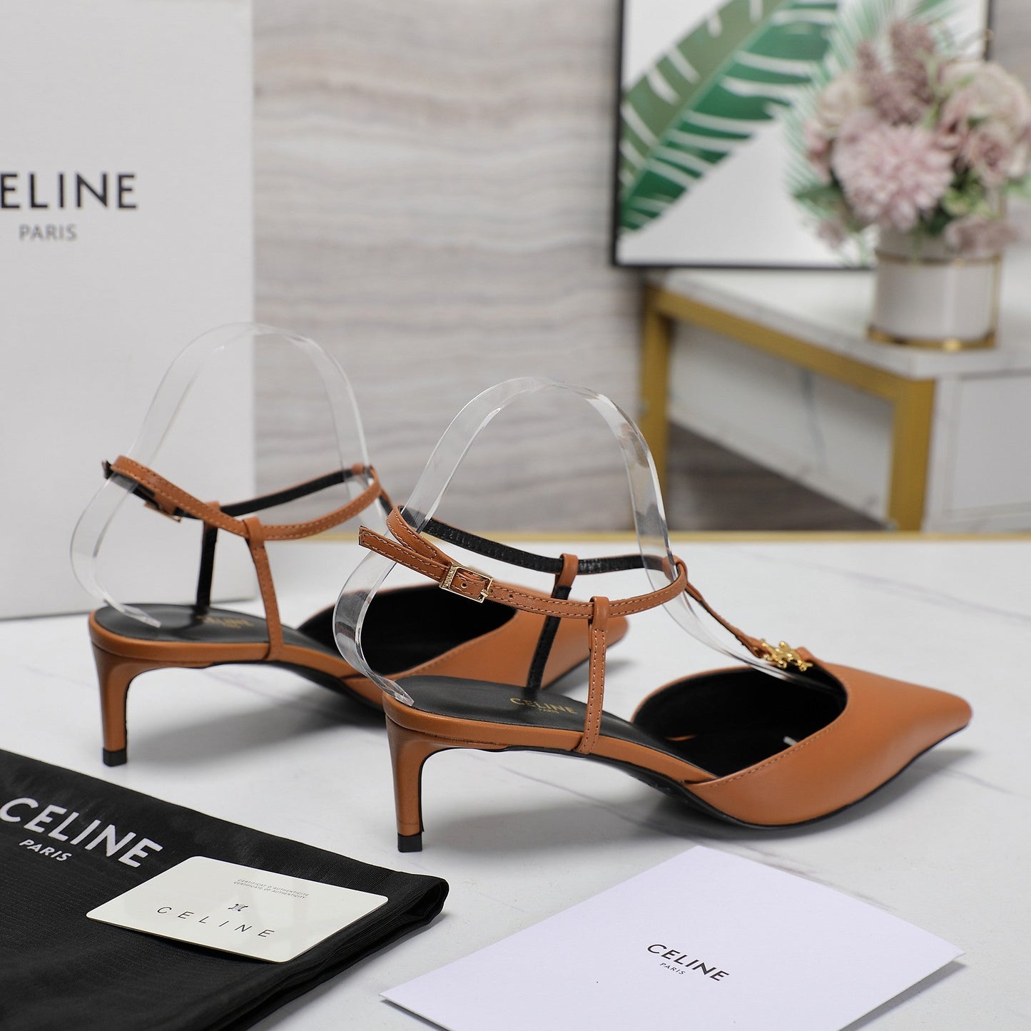 HIGH 5 CM SLINGBACK IN CINNAMON BROWN CALFSKIN WITH GOLD LOGO - 35