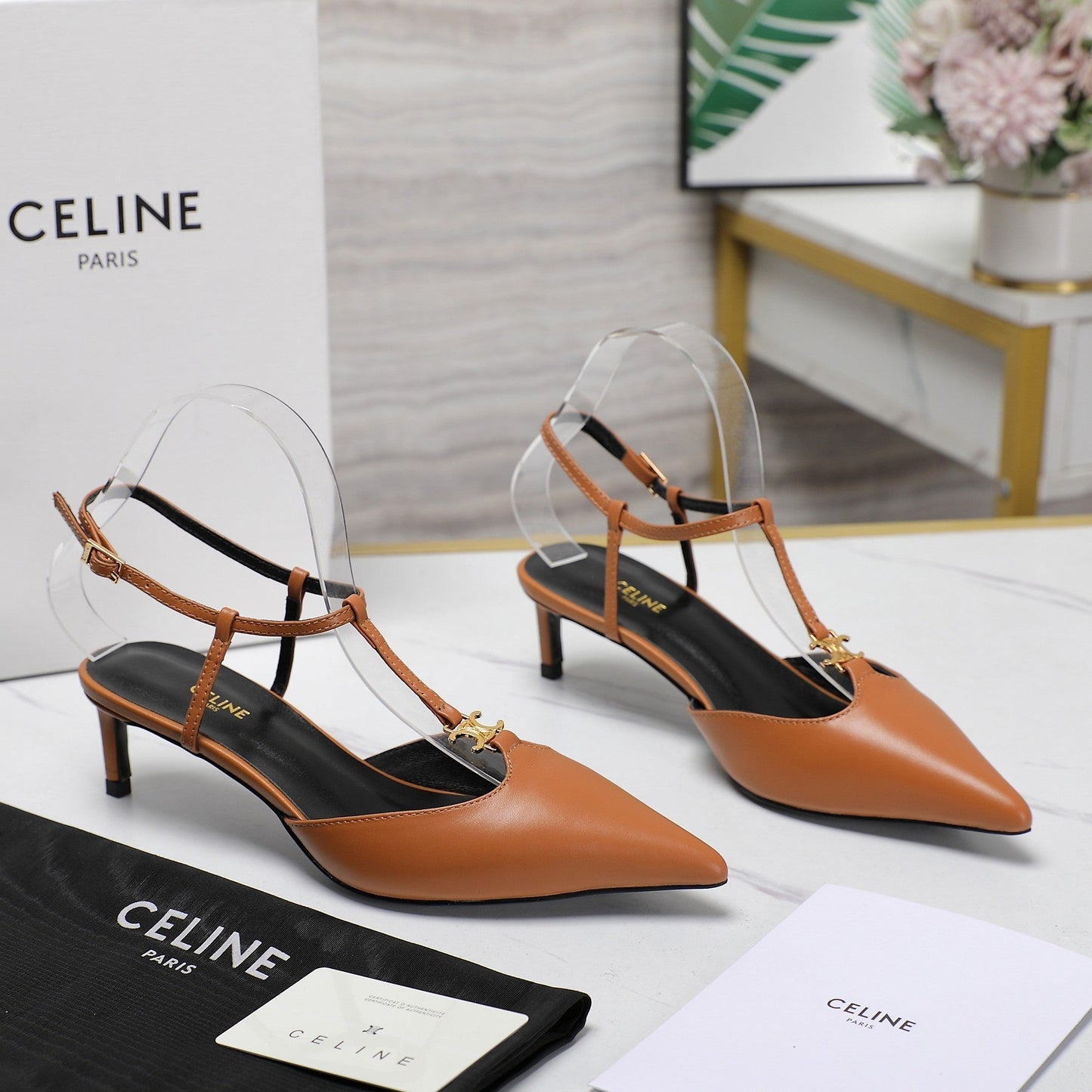 HIGH 5 CM SLINGBACK IN CINNAMON BROWN CALFSKIN WITH GOLD LOGO - 35